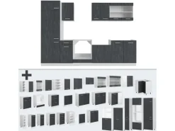 Einbauküchen<Vicco R-Line KomplettKüche Schwarz Beton/Weiß 300 cm AP Anthrazit ohne E-Geräte
