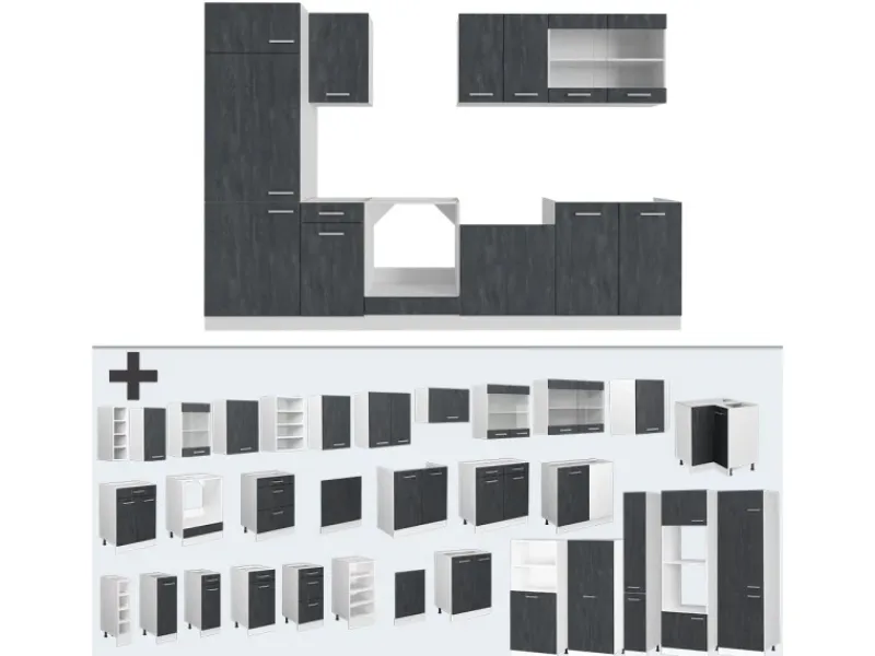 Einbauküchen<Vicco R-Line KomplettKüche Schwarz Beton/Weiß 300 cm AP Anthrazit ohne E-Geräte