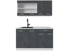 Discount Vicco R-Line Mini Küche Schwarz Beton/Weiß 140 cm AP Marmor ohne E-Geräte Beton Dunkelgrau