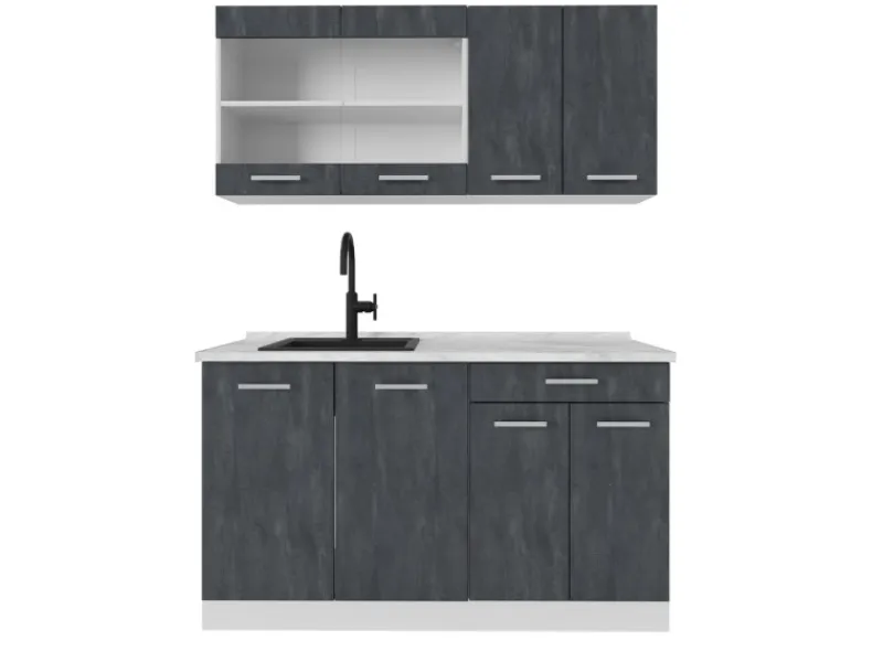 Discount Vicco R-Line Mini Küche Schwarz Beton/Weiß 140 cm AP Marmor ohne E-Geräte Beton Dunkelgrau