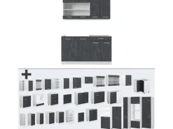 Discount Vicco R-Line Mini Küche Schwarz Beton/Weiß 140 cm AP Marmor ohne E-Geräte Beton Dunkelgrau