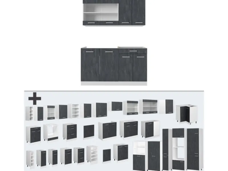 Discount Vicco R-Line Mini Küche Schwarz Beton/Weiß 140 cm AP Marmor ohne E-Geräte Beton Dunkelgrau