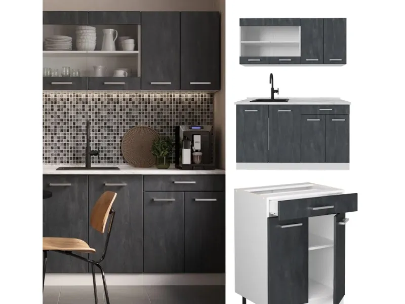 Single-Küchen|Miniküchen<Vicco R-Line Mini Küche Schwarz Beton/Weiß 140 cm AP Eiche ohne E-Geräte