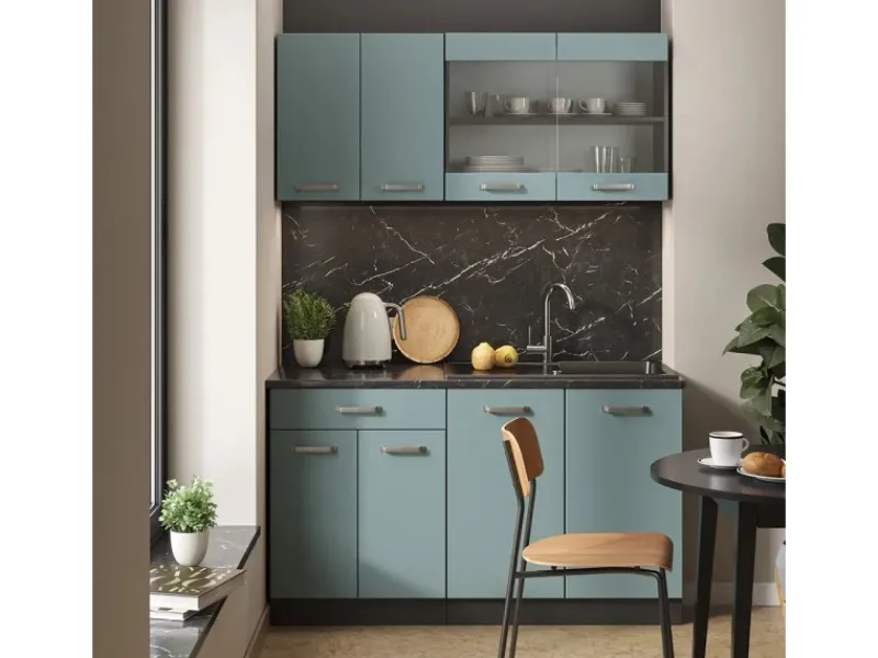 Single-Küchen|Miniküchen<Vicco R-Line Mini-Küche Blau-Grau/Anthrazit 140 cm ohne Arbeitsplatte ohne E-Geräte
