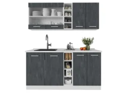 Vicco R-Line Mini-Küche Schwarz Beton/Weiß 160 cm AP Marmor ohne E-Geräte< Miniküchen|Single-Küchen