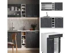 Outlet Vicco R-Line Mini-Küche Schwarz Beton/Weiß 160 cm AP Anthrazit ohne E-Geräte Beton Dunkelgrau