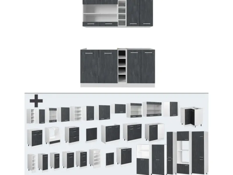 Outlet Vicco R-Line Mini-Küche Schwarz Beton/Weiß 160 cm AP Anthrazit ohne E-Geräte Beton Dunkelgrau