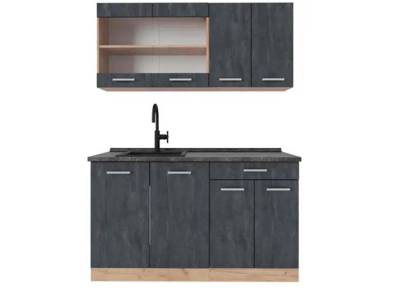 Single-Küchen|Miniküchen<Vicco R-Line Mini-Küche Schwarz Beton/Goldkraft Eiche 140 cm AP Anthrazit ohne E-Geräte
