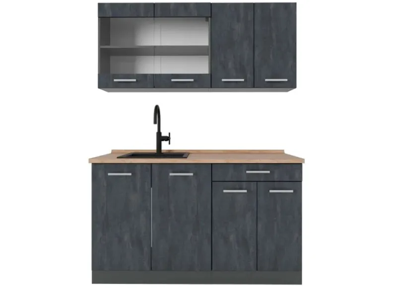 Single-Küchen|Miniküchen<Vicco R-Line Mini-Küche Schwarz Beton/Anthrazit 140 cm AP Eiche ohne E-Geräte
