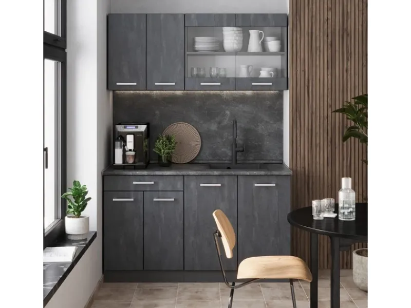 Single-Küchen|Miniküchen<Vicco R-Line Mini-Küche Schwarz Beton/Anthrazit 140 cm AP Eiche ohne E-Geräte