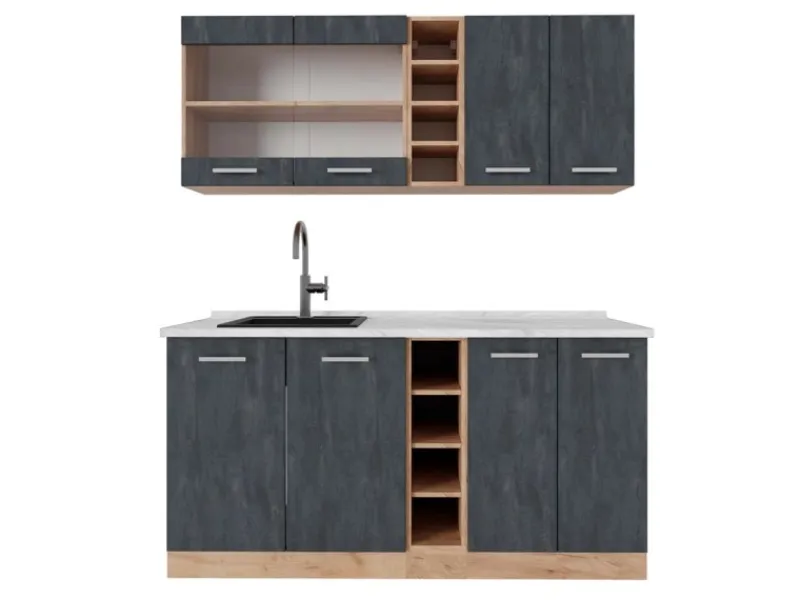 Vicco R-Line Mini-Küche Schwarz Beton/Goldkraft Eiche 160 cm AP Marmor ohne E-Geräte< Miniküchen|Single-Küchen