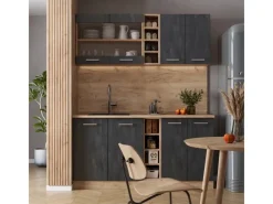 Vicco R-Line Mini-Küche Schwarz Beton/Goldkraft Eiche 160 cm AP Marmor ohne E-Geräte< Miniküchen|Single-Küchen