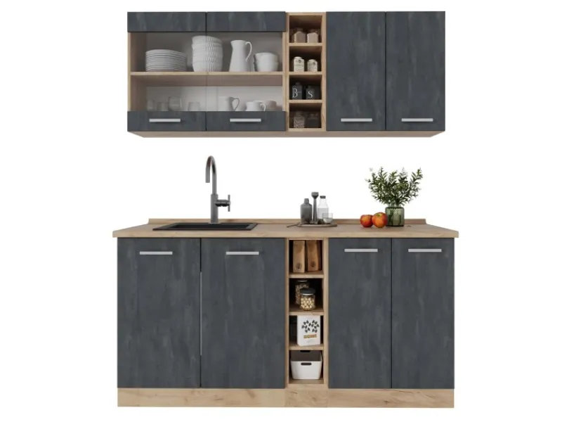 Hot Vicco R-Line Mini-Küche Schwarz Beton/Goldkraft Eiche 160 cm AP Eiche ohne E-Geräte Beton Dunkelgrau