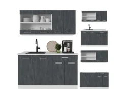 Miniküchen<Vicco R-Line Mini-Küche Schwarz Beton/Weiß 140 cm ohne Arbeitsplatte ohne E-Geräte