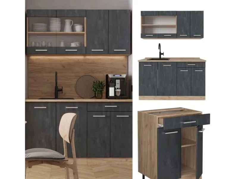 Single-Küchen|Miniküchen<Vicco R-Line Mini-Küche Schwarz Beton/Goldkraft Eiche 140 cm AP Eiche ohne E-Geräte