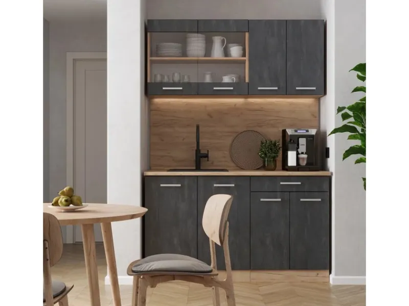 Single-Küchen|Miniküchen<Vicco R-Line Mini-Küche Schwarz Beton/Goldkraft Eiche 140 cm AP Eiche ohne E-Geräte