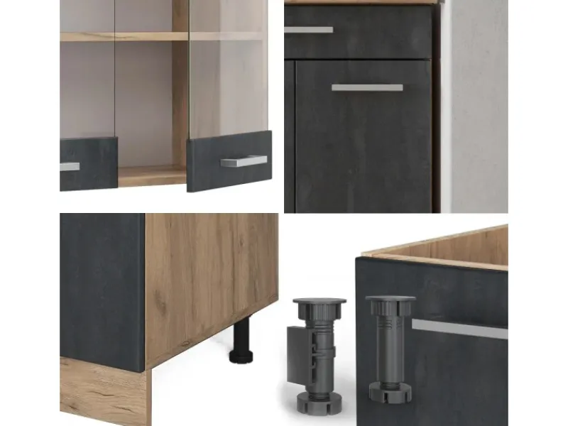 Single-Küchen|Miniküchen<Vicco R-Line Mini-Küche Schwarz Beton/Goldkraft Eiche 140 cm AP Eiche ohne E-Geräte