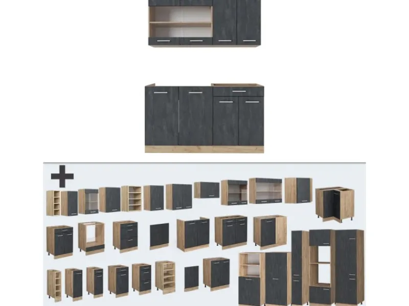 Single-Küchen|Miniküchen<Vicco R-Line Mini-Küche Schwarz Beton/Goldkraft Eiche 140 cm AP Eiche ohne E-Geräte