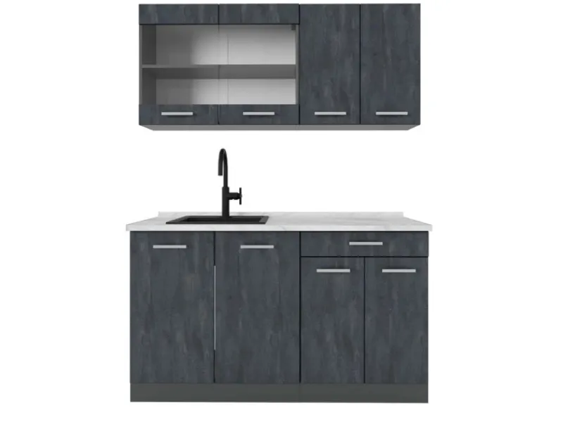 Single-Küchen|Miniküchen<Vicco R-Line Mini-Küche Schwarz Beton/Anthrazit 140 cm AP Marmor ohne E-Geräte