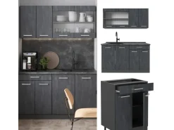 Single-Küchen|Miniküchen<Vicco R-Line Mini-Küche Schwarz Beton/Anthrazit 140 cm AP Marmor ohne E-Geräte