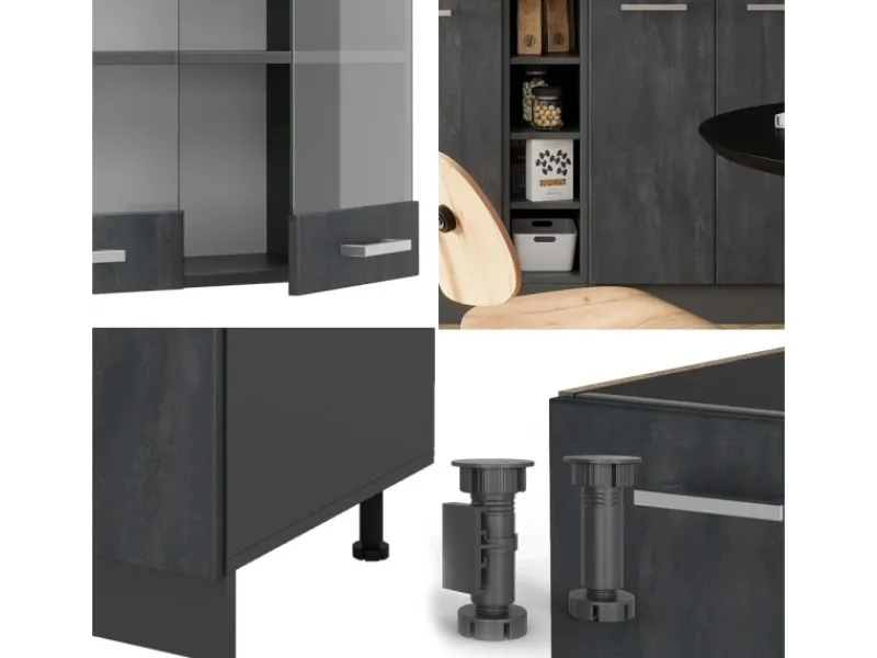 Vicco R-Line Mini-Küche Schwarz Beton/Anthrazit 160 cm AP Eiche ohne E-Geräte Beton Anthrazit