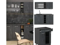 Vicco R-Line Mini-Küche Schwarz Beton/Anthrazit 160 cm ohne Arbeitsplatte ohne E-Geräte< Miniküchen|Kühlschränke