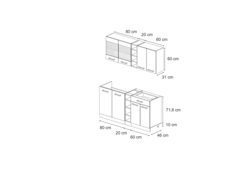 Vicco R-Line Mini-Küche Schwarz Beton/Anthrazit 160 cm ohne Arbeitsplatte ohne E-Geräte< Miniküchen|Kühlschränke