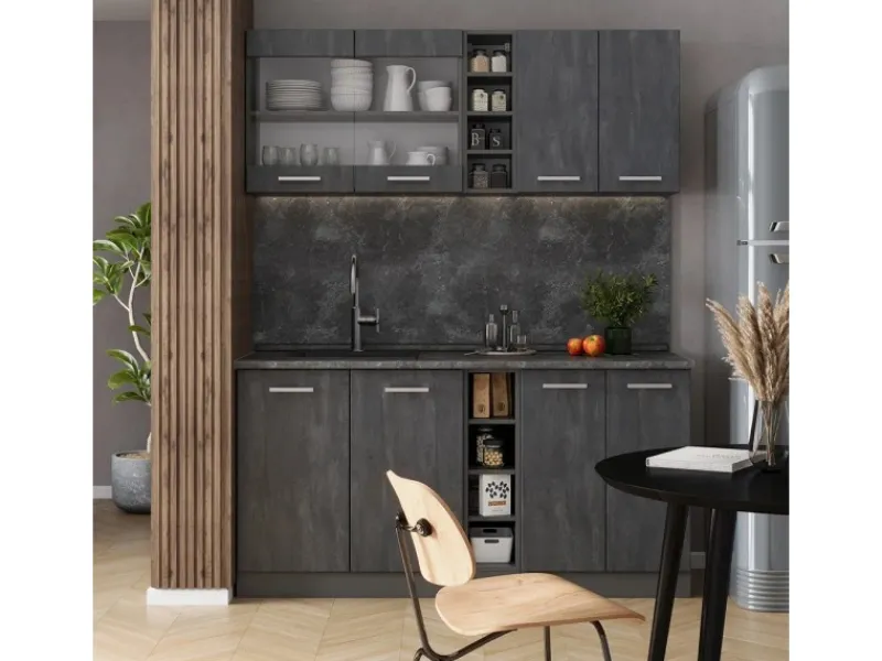 Vicco R-Line Mini-Küche Schwarz Beton/Anthrazit 160 cm ohne Arbeitsplatte ohne E-Geräte< Miniküchen|Kühlschränke