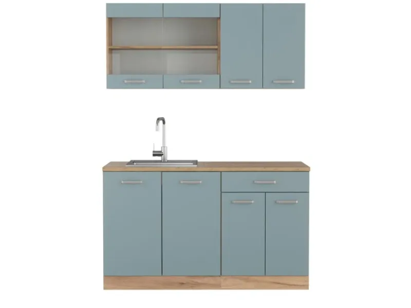 Vicco R-Line Single Küche Blau-Grau/Goldkraft Eiche 140 cm ohne Arbeitsplatte ohne E-Geräte< Single-Küchen|Herde