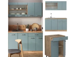 Vicco R-Line Single Küche Blau-Grau/Goldkraft Eiche 140 cm ohne Arbeitsplatte ohne E-Geräte< Single-Küchen|Herde