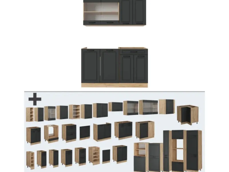 Vicco R-Line Singleküche Anthrazit Landhaus/Goldkraft Eiche 140 cm AP Marmor ohne E-Geräte< Single-Küchen