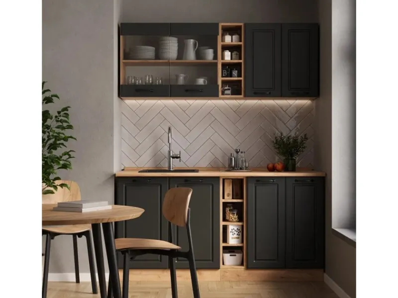 Clearance Vicco R-Line Singleküche Anthrazit Landhaus/Goldkraft Eiche 160 cm AP Marmor ohne E-Geräte Anthrazit Struktur