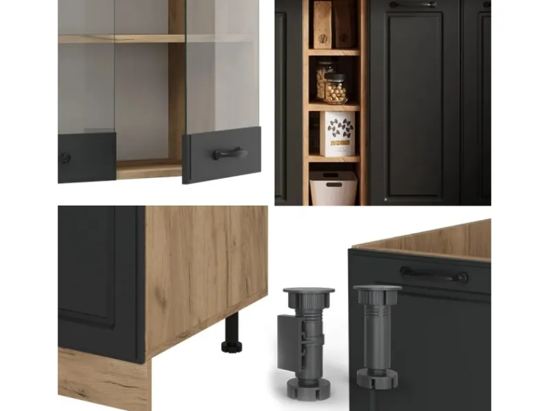 Clearance Vicco R-Line Singleküche Anthrazit Landhaus/Goldkraft Eiche 160 cm AP Marmor ohne E-Geräte Anthrazit Struktur