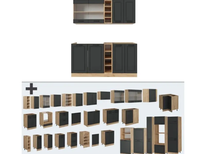 Clearance Vicco R-Line Singleküche Anthrazit Landhaus/Goldkraft Eiche 160 cm AP Marmor ohne E-Geräte Anthrazit Struktur