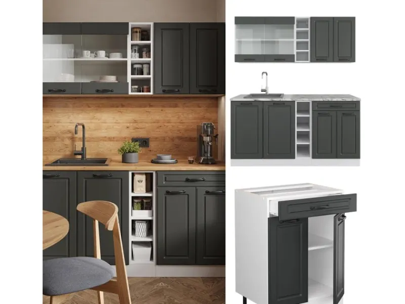 Single-Küchen<Vicco R-Line Singleküche Anthrazit Landhaus/Weiß 160 cm AP Marmor ohne E-Geräte