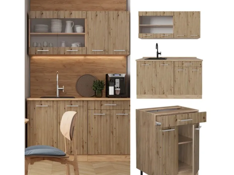 Vicco R-Line Singleküche Artisan-Eiche/Goldkraft Eiche 140 cm AP Marmor ohne E-Geräte< Single-Küchen