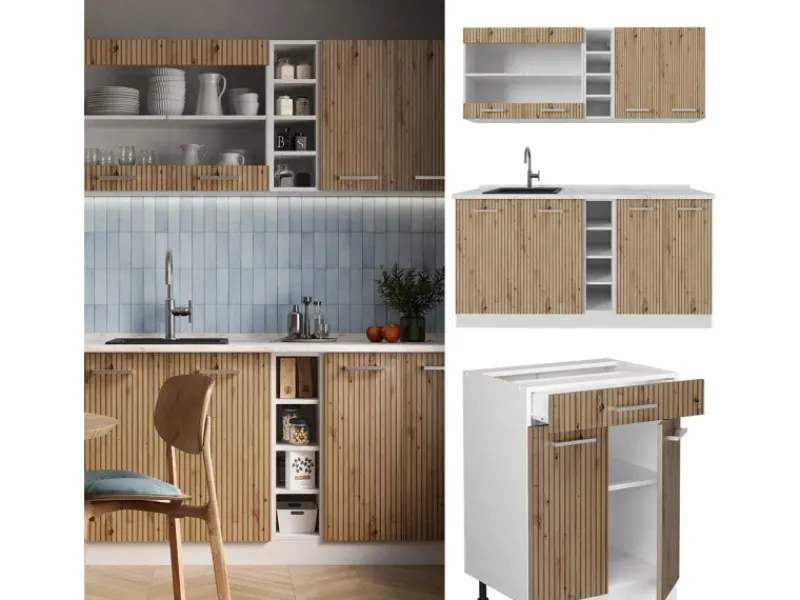 Vicco R-Line Singleküche /Weiß 160 cm AP Marmor ohne E-Geräte< Single-Küchen|Miniküchen