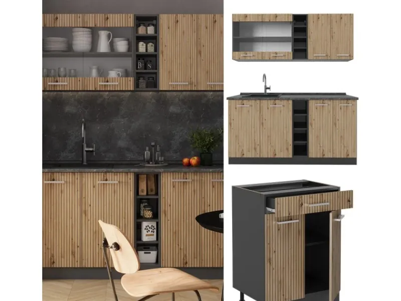 Vicco R-Line Singleküche Artisan Eiche/Anthrazit 160 cm AP Anthrazit ohne E-Geräte< Single-Küchen