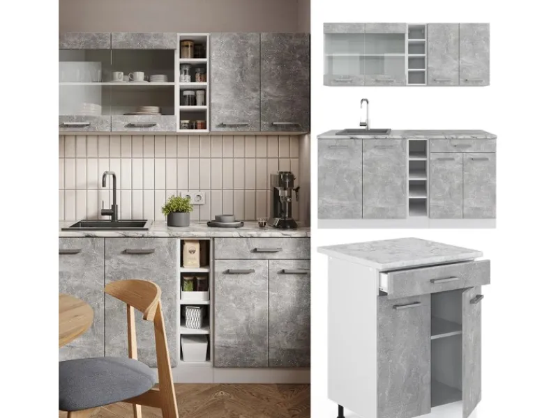Sale Vicco R-Line Singleküche Beton/Weiß 160 cm ohne Arbeitsplatte ohne E-Geräte Betongrau