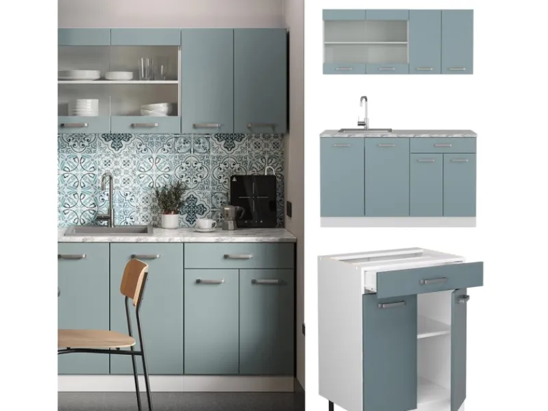 Vicco R-Line Singleküche Blau-Grau/Weiß 140 cm AP Anthrazit ohne E-Geräte< Single-Küchen