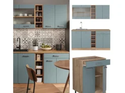 Outlet Vicco R-Line Singleküche Blau-Grau/Goldkraft Eiche 160 cm AP Eiche ohne E-Geräte Blaugrau