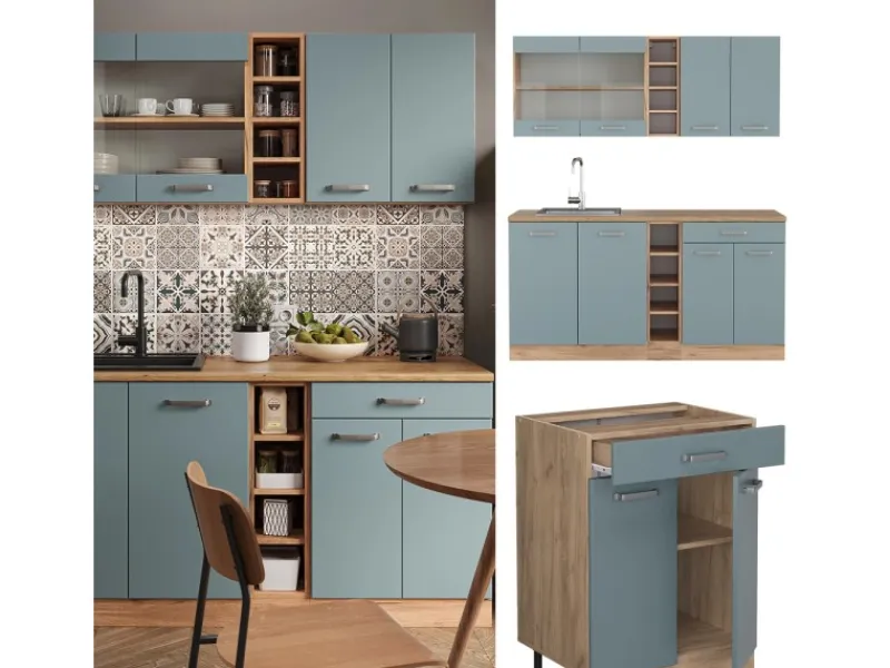 Outlet Vicco R-Line Singleküche Blau-Grau/Goldkraft Eiche 160 cm AP Eiche ohne E-Geräte Blaugrau