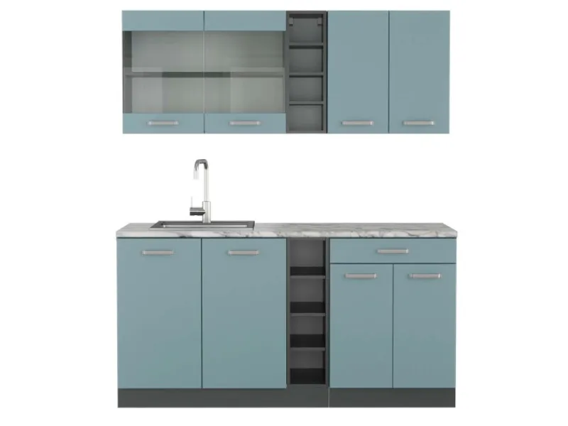 Vicco R-Line Singleküche Blau-Grau/Anthrazit 160 cm AP Marmor ohne E-Geräte< Single-Küchen|Einbauküchen