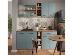 Vicco R-Line Singleküche Blau-Grau/Goldkraft Eiche 160 cm AP Marmor ohne E-Geräte< Single-Küchen