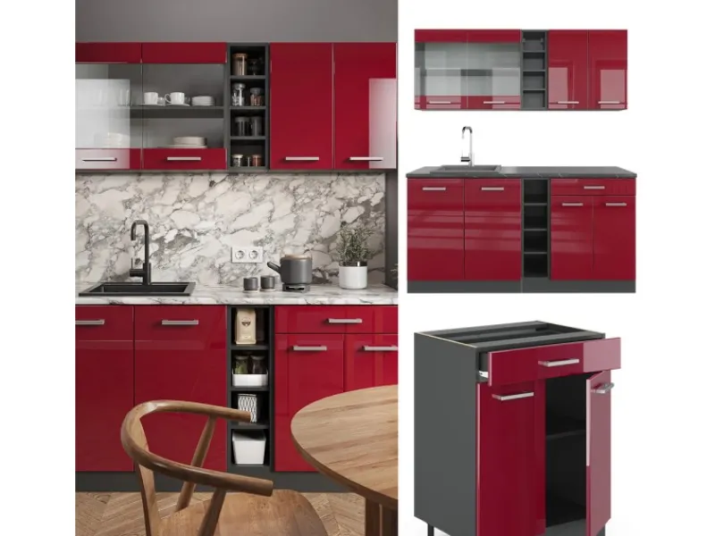 Vicco R-Line Singleküche Bordeaux Hochglanz/Anthrazit 160 cm AP Marmor ohne E-Geräte< Single-Küchen
