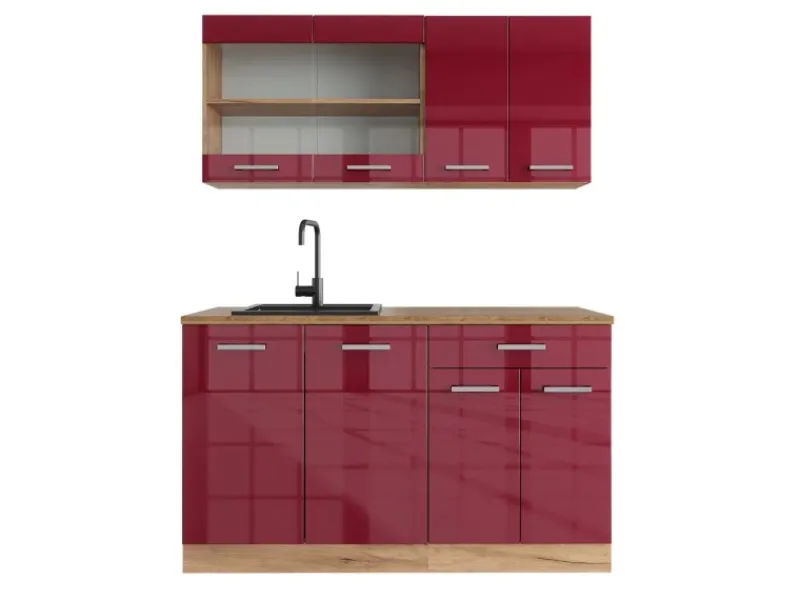 Discount Vicco R-Line Singleküche Bordeaux Hochglanz/Goldkraft Eiche 140 cm ohne Arbeitsplatte ohne E-Geräte Bordeaux-Glanz