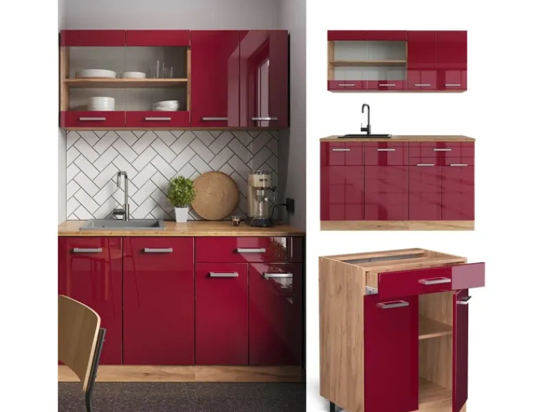 Discount Vicco R-Line Singleküche Bordeaux Hochglanz/Goldkraft Eiche 140 cm ohne Arbeitsplatte ohne E-Geräte Bordeaux-Glanz