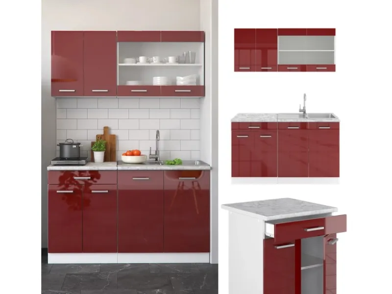 Sale Vicco R-Line Singleküche Bordeaux Hochglanz/Weiß 140 cm AP Anthrazit ohne E-Geräte Brilliant Bordeaux