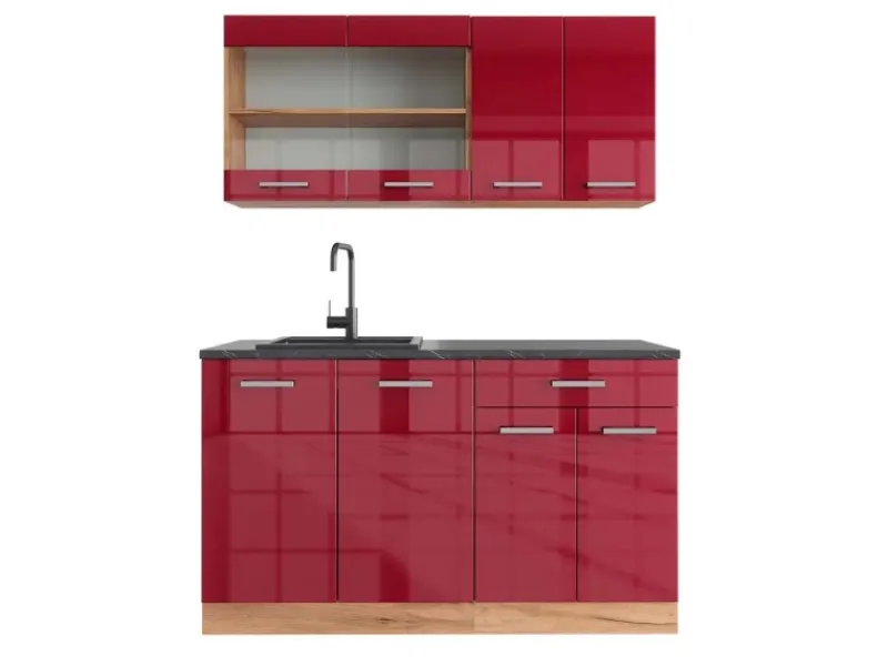 Discount Vicco R-Line Singleküche Bordeaux Hochglanz/Goldkraft Eiche 140 cm AP Anthrazit ohne E-Geräte Bordeaux-Glanz