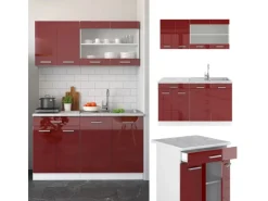 Single-Küchen<Vicco R-Line Singleküche Bordeaux Hochglanz/Weiß 140 cm AP Marmor ohne E-Geräte